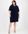 Connected Plus Size Draped Flutter-sleeve Sheath Dress In Navy