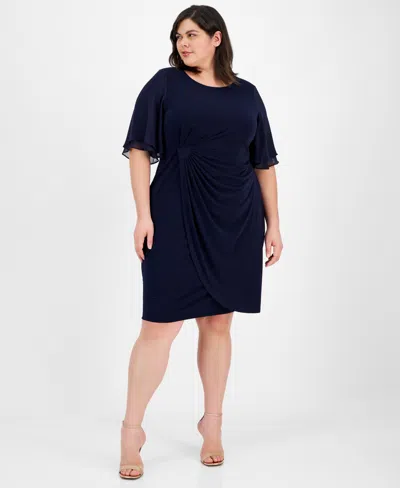Connected Plus Size Draped Flutter-sleeve Sheath Dress In Navy