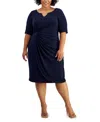 CONNECTED PLUS SIZE ELBOW-SLEEVE SIDE-DRAPE DRESS