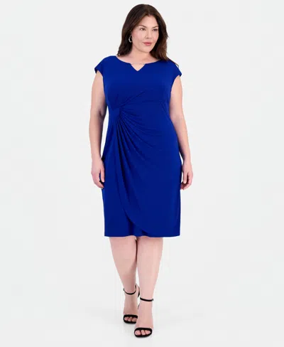 Connected Plus Size Faux-wrap Sleeveless Sheath Dress In Blue