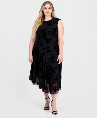 Connected Plus Size Flocked Velvet Floral-print Hanky Hem Midi Dress In Black