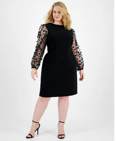 Connected Plus Size Floral-applique Sheath Dress In Black