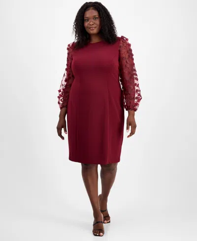 Connected Plus Size Floral-applique Sheath Dress In Burgundy