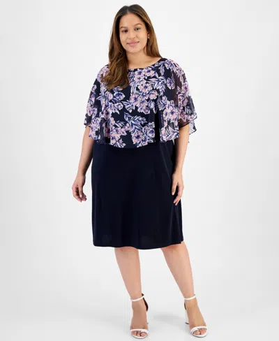 Connected Plus Size Floral-chiffon Cape Sheath Dress In Nvy