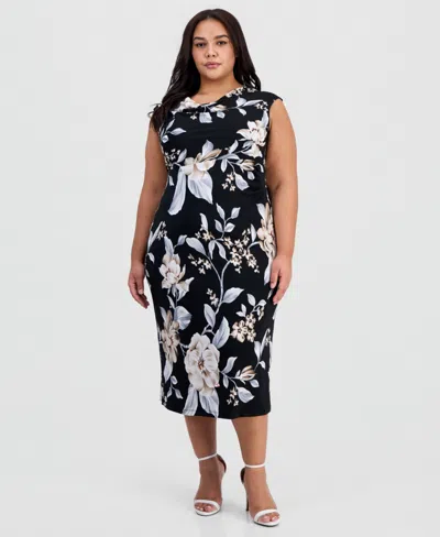 Connected Plus Size Floral Draped-neck Side-tuck Dress In Black