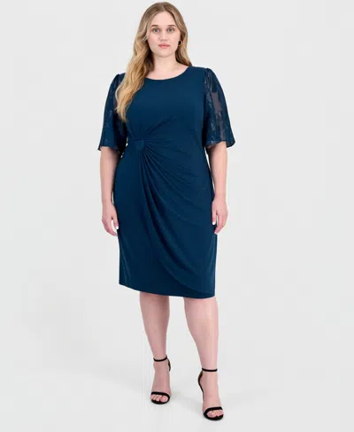 Connected Plus Size Floral Knee-length Ruched Dress In Dark Mallard