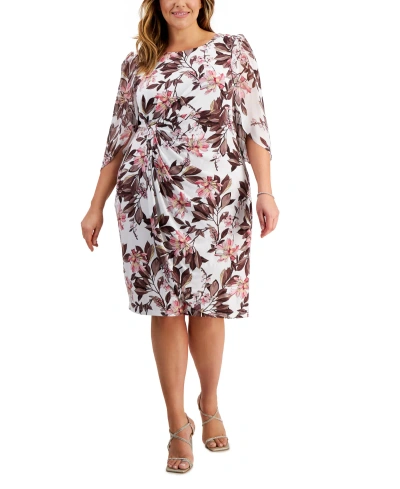 Connected Plus Size Floral-print 3/4-sleeve Faux-wrap Dress In Ima