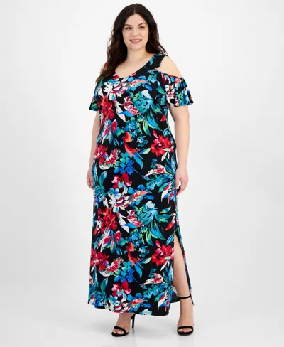 Connected Plus Size Floral-print Cold-shoulder Maxi Dress In Black