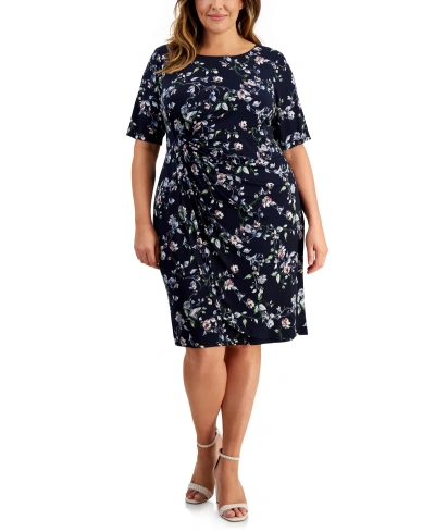 Connected Plus Size Floral-print Faux-wrap Dress In Nvy