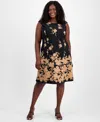 Connected Plus Size Floral-print Fit & Flare Dress In Black