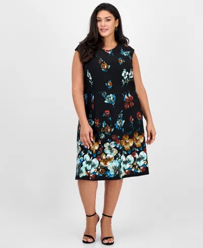 Connected Plus Size Floral-print Fit & Flare Dress In Black