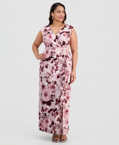 Connected Plus Size Floral-print Surplice-neck Gown