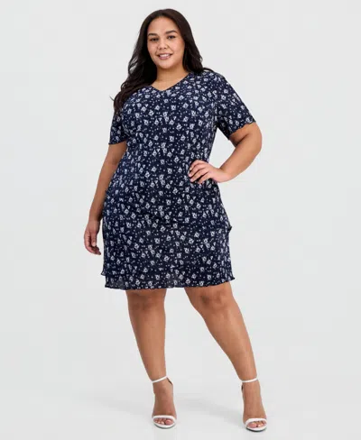 Connected Plus Size Floral Ruffle-tiered V-neck Sheath Dress In Blue