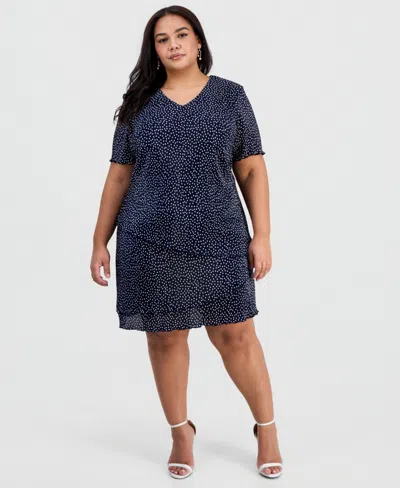 Connected Plus Size Floral Ruffle-tiered V-neck Sheath Dress In Blue