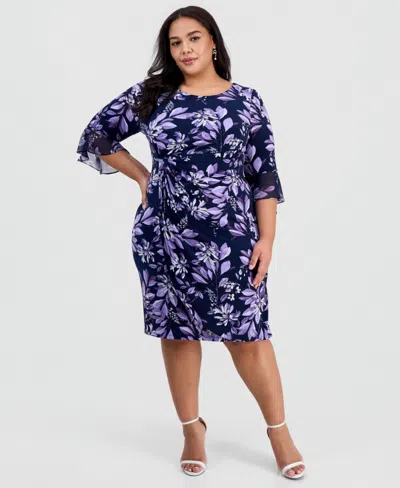 Connected Plus Size Floral Side-ruched 3/4-sleeve Dress In Blue