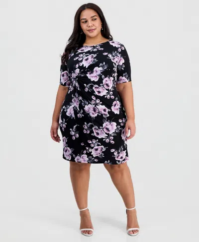 Connected Plus Size Floral Twist-front Elbow-sleeve Dress In Multi