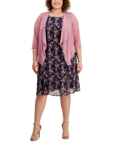 Connected Plus Size Jacket & Floral-print Round-neck Dress In Navy Multi