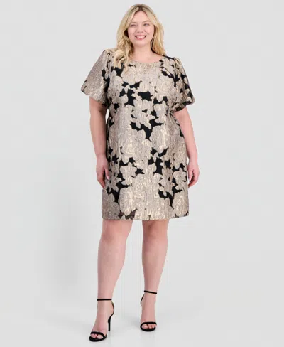 Connected Plus Size Jacquard Boat-neck Dress In Brown