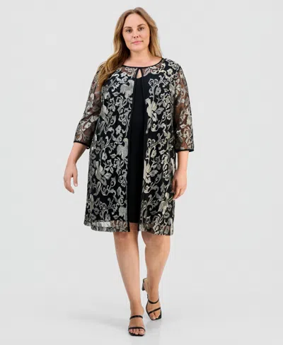 Connected Plus Size Mesh Elbow-sleeve Jacket & Dress In Gold