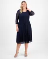 Connected Plus Size Mesh Long-sleeve Round-neck Dress In Blue