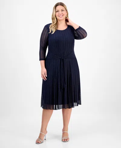 Connected Plus Size Mesh Long-sleeve Round-neck Dress In Blue