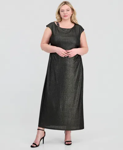 Connected Plus Size Metallic Cap-sleeve Dress In Black