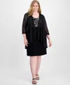 Connected Plus Size Metallic Embroidered Dress & Mock Jacket In Black,silver