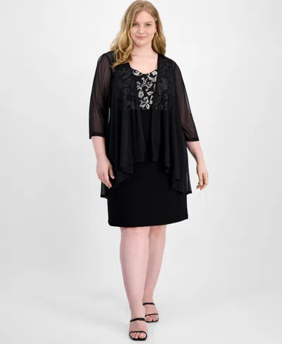 Connected Plus Size Metallic Embroidered Dress & Mock Jacket In Black,gold