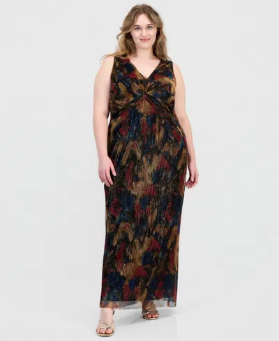 Connected Plus Size Metallic-print Twist-front Sleeveless Dress In Spice