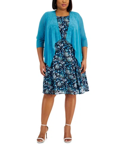 Connected Plus Size Open-font Jacket & Printed Dress In Peacock