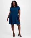 Connected Plus Size Pleated Fit & Flare Dress In Blue