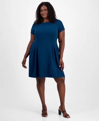 Connected Plus Size Pleated Fit & Flare Dress In Blue