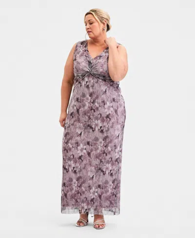 Connected Plus Size Pleated Printed V-neck Maxi Dress In Brown