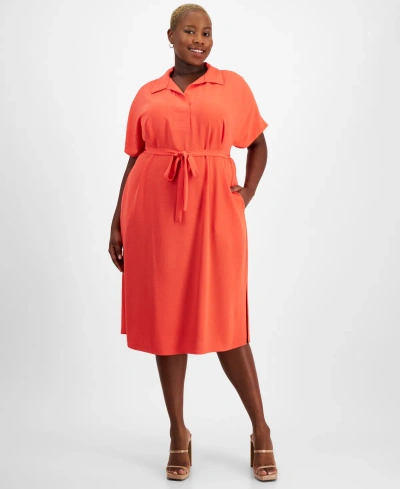 Connected Plus Size Polo Collar Midi Dress In Coral