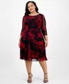 Connected Plus Size Printed 3/4-sleeve Fit & Flare Dress In Black