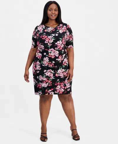 Connected Plus Size Printed Asymmetric-neck Short-sleeve Dress In Multi