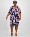 Connected Plus Size Printed Blouson-sleeve Faux-wrap Midi Dress In Nam
