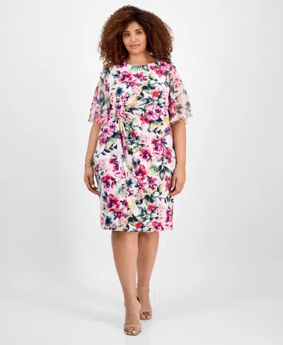 Connected Plus Size Printed Boat-neck Flutter-sleeve Dress In White