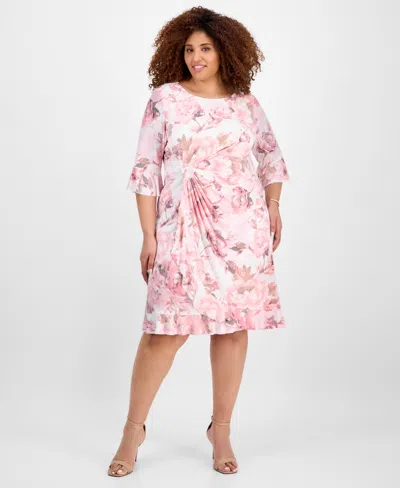 Connected Plus Size Printed Boat-neck Sheath Dress In Ivory Rose