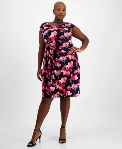 Connected Plus Size Printed Cap-sleeve Sheath Dress In Nvy,fus