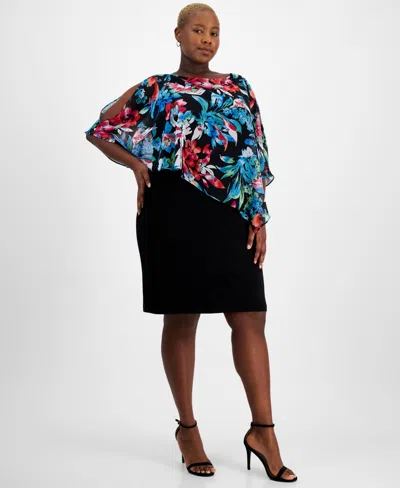 Connected Plus Size Printed Cape Overlay Sheath Dress In Black