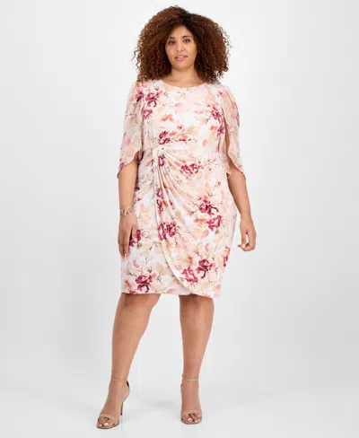 Connected Plus Size Printed Cape-sleeve Sheath Dress In Cameo