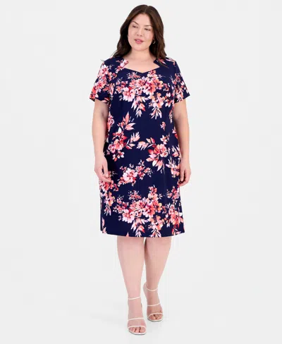 Connected Plus Size Printed Cutout-neck Sheath Dress In Blue