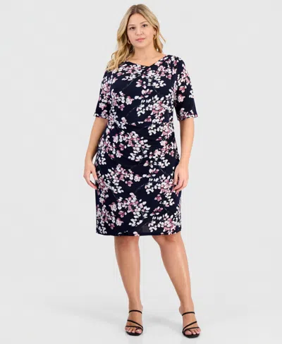Connected Plus Size Printed Elbow-sleeve Faux-wrap Dress In Multi