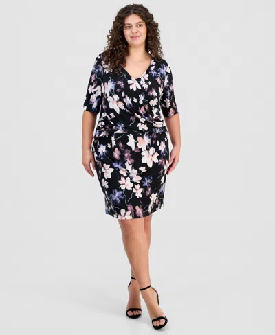 Connected Plus Size Printed Faux-wrap Sheath Dress In Black