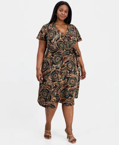Connected Plus Size Printed Faux-wrap Flutter-sleeve Dress In Multi
