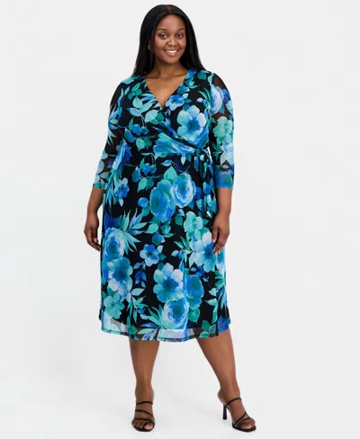 Connected Plus Size Printed Faux-wrap Midi Dress In Blue