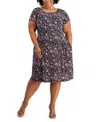 CONNECTED PLUS SIZE PRINTED FIT & FLARE SHORT-SLEEVE DRESS