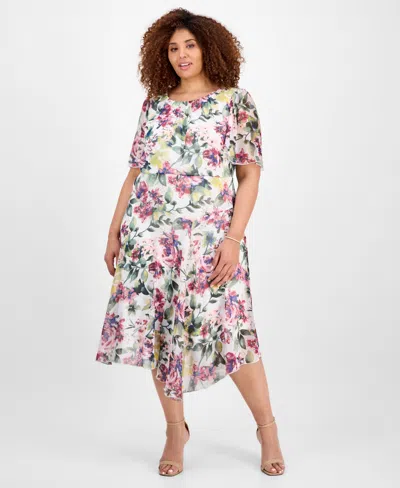 Connected Plus Size Printed Flutter-sleeve Chiffon Dress In White