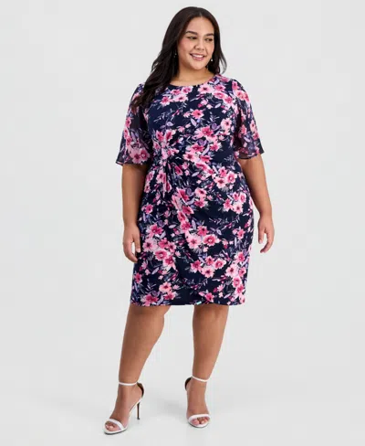 Connected Plus Size Printed Flutter-sleeve Sheath Dress In Blue